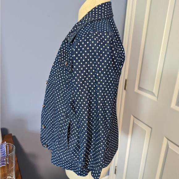 Polkadot denim shirt jean jacket with rhinestone buttons and 3/4 length sleeves - Picture 3 of 7